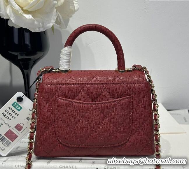 Luxurious Chanel Coco Handle Quilted Grained Calfskin Nano Flap Bag with Top Handle AP4424 Dark Burgundy 2025