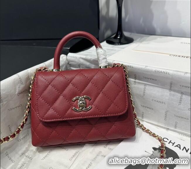 Luxurious Chanel Coco Handle Quilted Grained Calfskin Nano Flap Bag with Top Handle AP4424 Dark Burgundy 2025