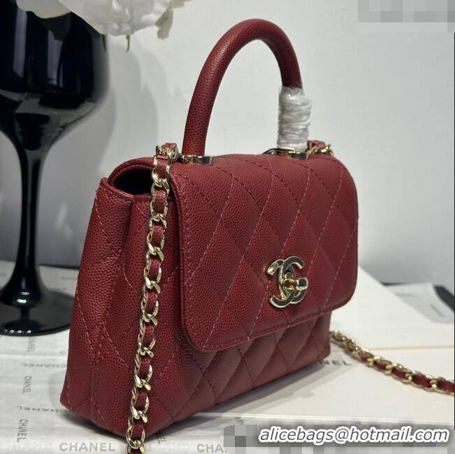 Luxurious Chanel Coco Handle Quilted Grained Calfskin Nano Flap Bag with Top Handle AP4424 Dark Burgundy 2025