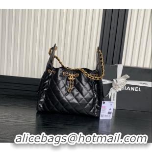 Luxury Cheap Chanel Quilted Shiny Calfskin Medium Hobo bag AS5293 Black 2025