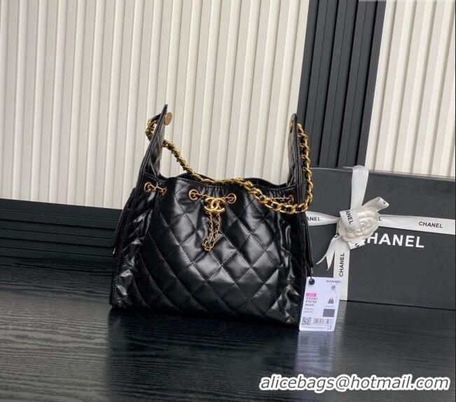 Luxury Cheap Chanel Quilted Shiny Calfskin Medium Hobo bag AS5293 Black 2025