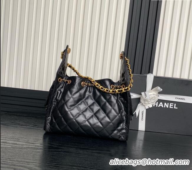 Luxury Cheap Chanel Quilted Shiny Calfskin Medium Hobo bag AS5293 Black 2025