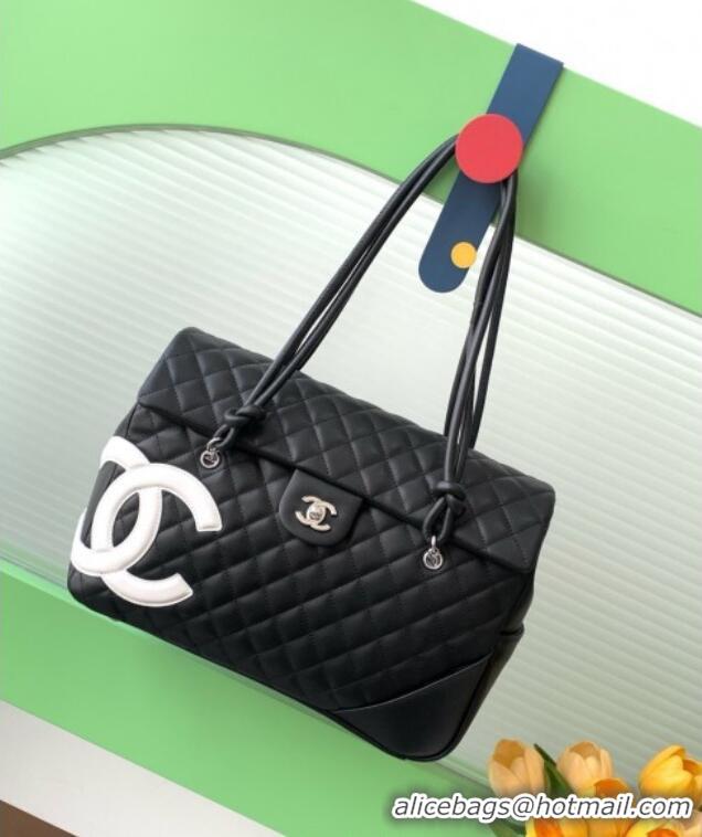 Grade Quality Chanel Quilted Calfskin Airport Flap Bag with Maxi CC AS6338 Black/White 2025