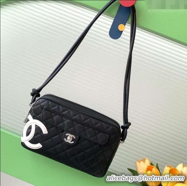 Good Quality Chanel Quilted Calfskin Leather Camera Bag with Maxi CC AS6326 Black/White 2025