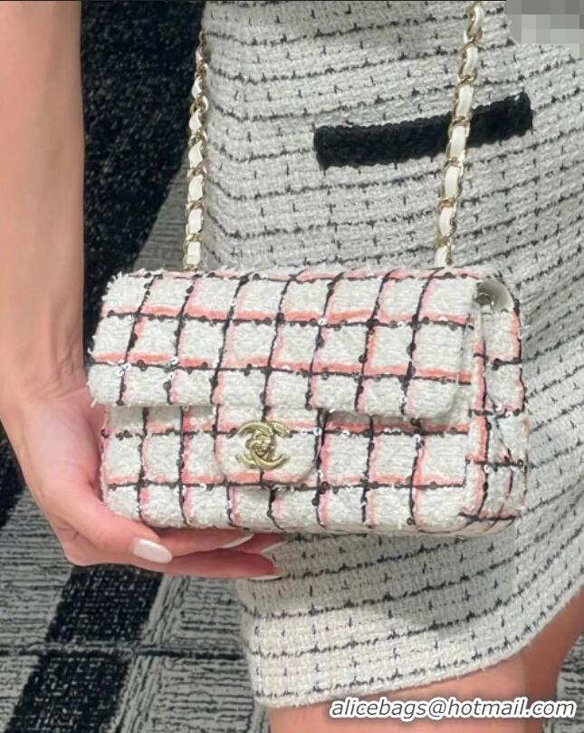 Best Price Chanel Check Tweed Classic Mini Flap Bag with Sequins A69900 White/Pink/Black 2025