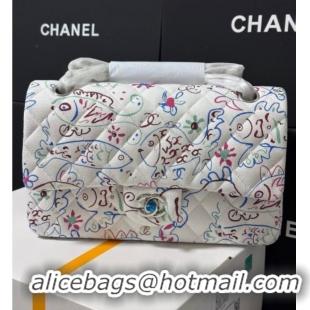 Top Design Chanel Flying Fish Print Fabric Classic 11.12 Medium Flap Bag A01112 White 2025