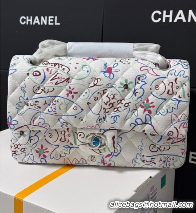 Top Design Chanel Flying Fish Print Fabric Classic 11.12 Medium Flap Bag A01112 White 2025