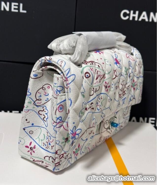 Top Design Chanel Flying Fish Print Fabric Classic 11.12 Medium Flap Bag A01112 White 2025