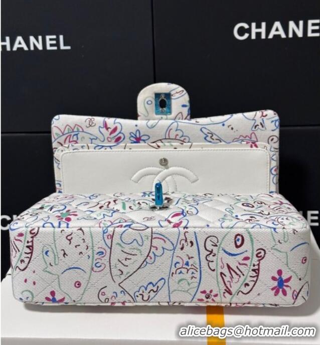 Top Design Chanel Flying Fish Print Fabric Classic 11.12 Medium Flap Bag A01112 White 2025