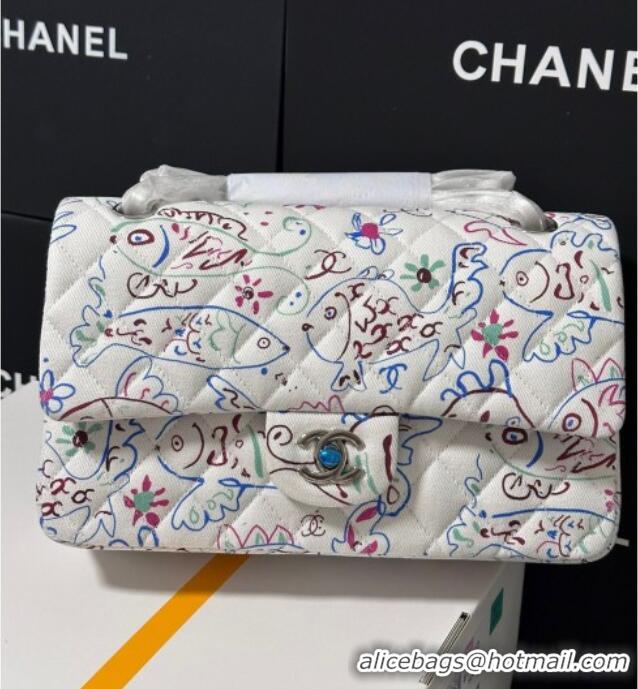 Top Design Chanel Flying Fish Print Fabric Classic 11.12 Medium Flap Bag A01112 White 2025