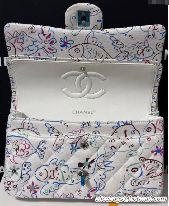 Top Design Chanel Flying Fish Print Fabric Classic 11.12 Medium Flap Bag A01112 White 2025