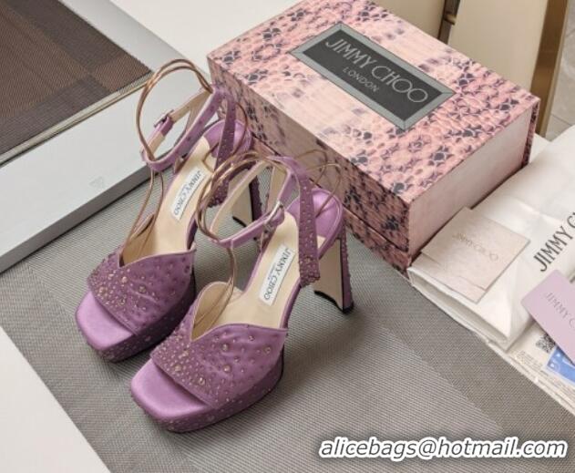 Luxurious Jimmy Choo Strass Satin Platform High Heel Sandals 12.5cm Purple 1122096