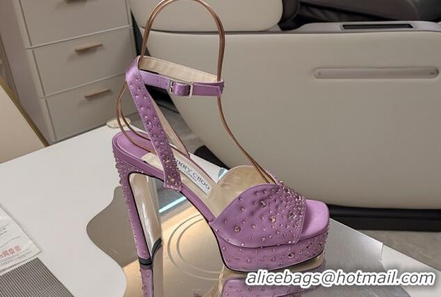 Luxurious Jimmy Choo Strass Satin Platform High Heel Sandals 12.5cm Purple 1122096