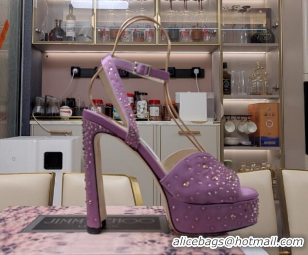 Luxurious Jimmy Choo Strass Satin Platform High Heel Sandals 12.5cm Purple 1122096