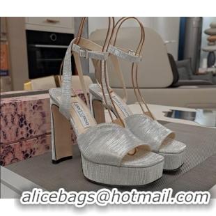 Good Quality Jimmy Choo Shiny Satin Platform High Heel Sandals 12.5cm Silver 1122097