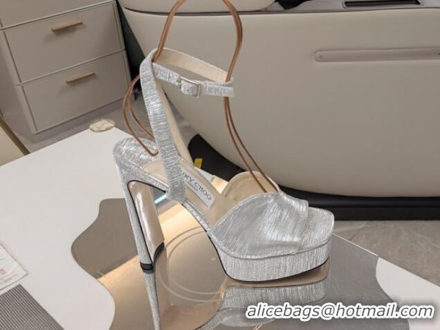 Good Quality Jimmy Choo Shiny Satin Platform High Heel Sandals 12.5cm Silver 1122097