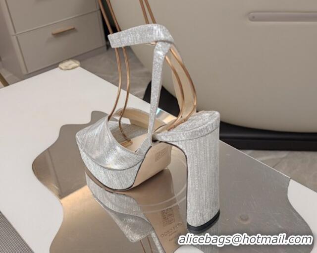 Good Quality Jimmy Choo Shiny Satin Platform High Heel Sandals 12.5cm Silver 1122097