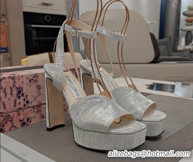 Good Quality Jimmy Choo Shiny Satin Platform High Heel Sandals 12.5cm Silver 1122097