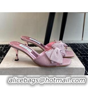 Most Popular Jimmy Choo Glitter Heel Slides Sandal 6.5cm with Mesh Bow and Strass Pink 1224023