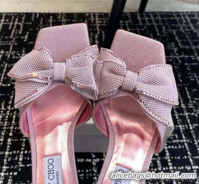 Most Popular Jimmy Choo Glitter Heel Slides Sandal 6.5cm with Mesh Bow and Strass Pink 1224023