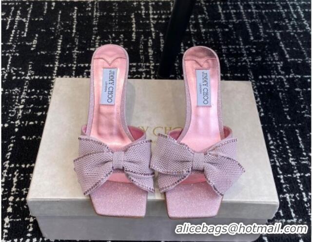 Most Popular Jimmy Choo Glitter Heel Slides Sandal 6.5cm with Mesh Bow and Strass Pink 1224023