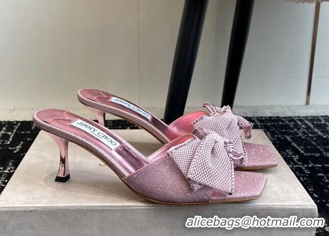 Most Popular Jimmy Choo Glitter Heel Slides Sandal 6.5cm with Mesh Bow and Strass Pink 1224023