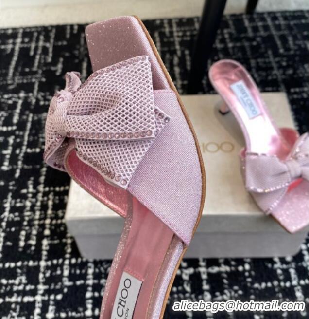 Most Popular Jimmy Choo Glitter Heel Slides Sandal 6.5cm with Mesh Bow and Strass Pink 1224023