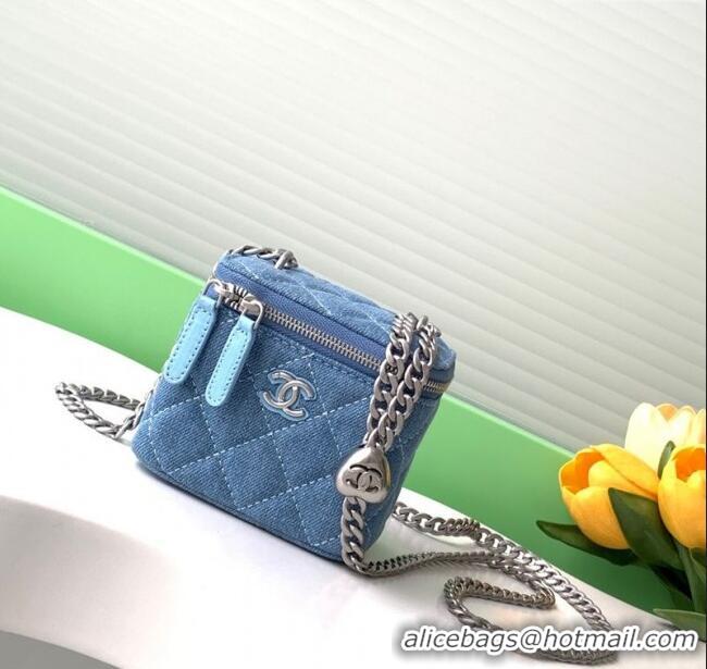 Luxury Cheap Chanel Light Blue Denim Clutch with Chain and Heart AP3203 2025