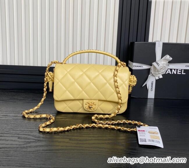 Famous Brand Chanel Quilted Lambskin Flap Bag with Top Handle, Chain and Knot AS5317 Yellow 2025