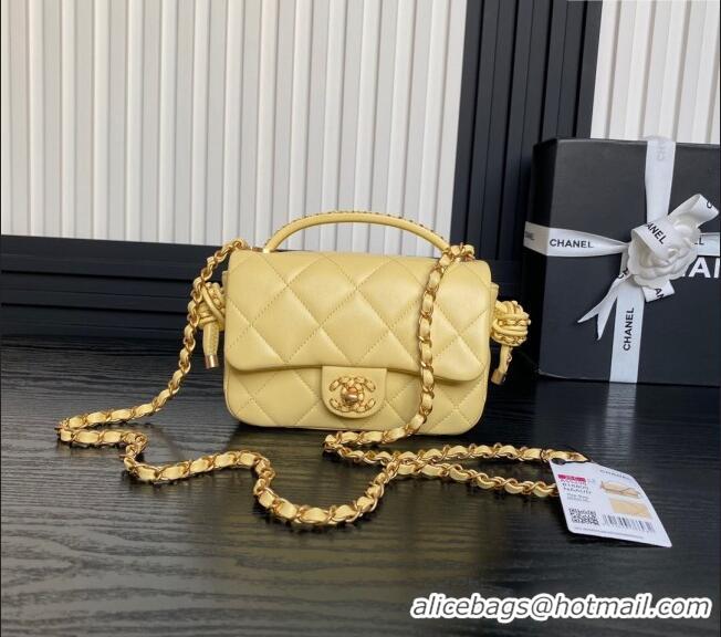 Well Crafted Chanel Quilted Lambskin Mini Flap Bag with Top Handle, Chain and Knot AS5298 Yellow 2025