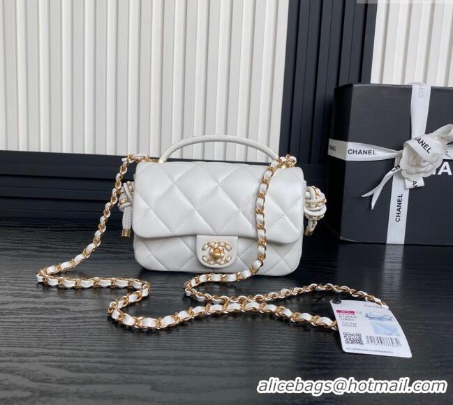 Top Design Chanel Quilted Lambskin Mini Flap Bag with Top Handle, Chain and Knot AS5298 White 2025