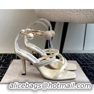 Good Quality Jimmy Choo Lambskin Strap Heel Sandals 10cm with Anklet White 1224024