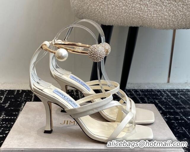 Good Quality Jimmy Choo Lambskin Strap Heel Sandals 10cm with Anklet White 1224024