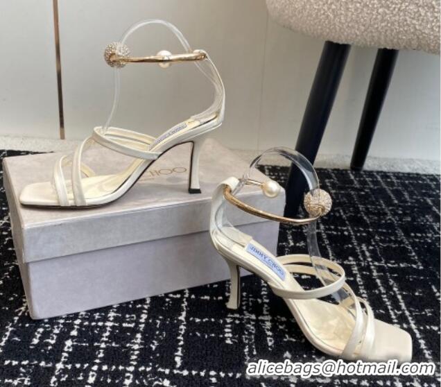 Good Quality Jimmy Choo Lambskin Strap Heel Sandals 10cm with Anklet White 1224024