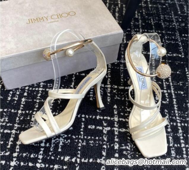 Good Quality Jimmy Choo Lambskin Strap Heel Sandals 10cm with Anklet White 1224024