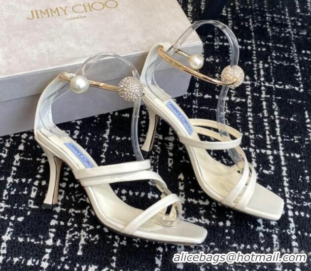 Good Quality Jimmy Choo Lambskin Strap Heel Sandals 10cm with Anklet White 1224024