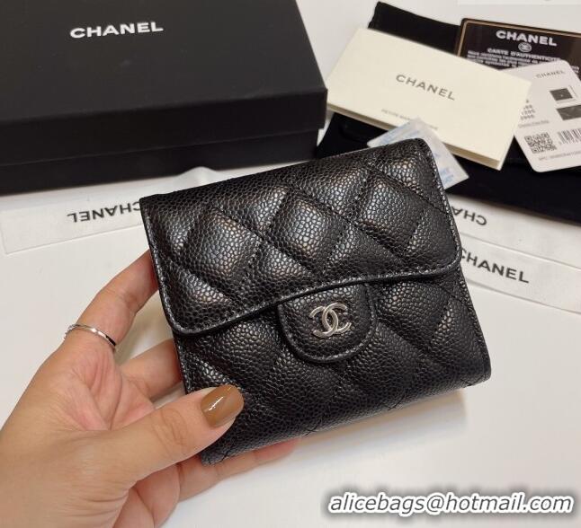 Top Quality Chanel Grained Calfskin Card Holder Wallet 82288 Black/Silver 2025