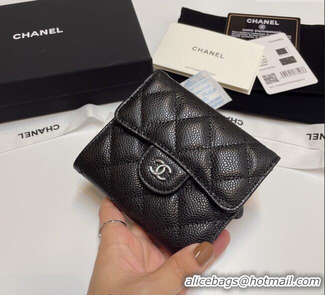 Top Quality Chanel Grained Calfskin Card Holder Wallet 82288 Black/Silver 2025