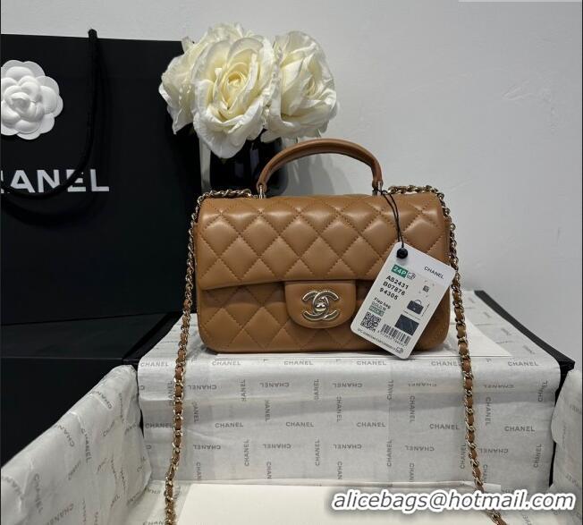 Luxury Discount Chanel Coco Lambskin Mini Flap Bag with Top Handle AS2431 Light Brown 2025