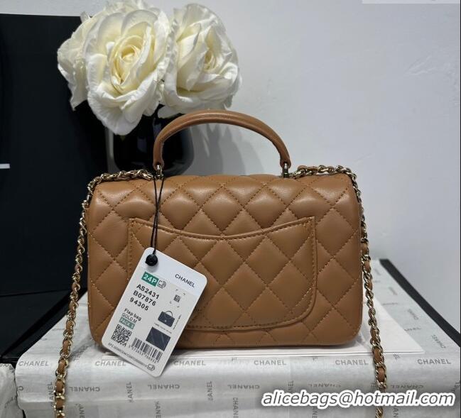 Luxury Discount Chanel Coco Lambskin Mini Flap Bag with Top Handle AS2431 Light Brown 2025