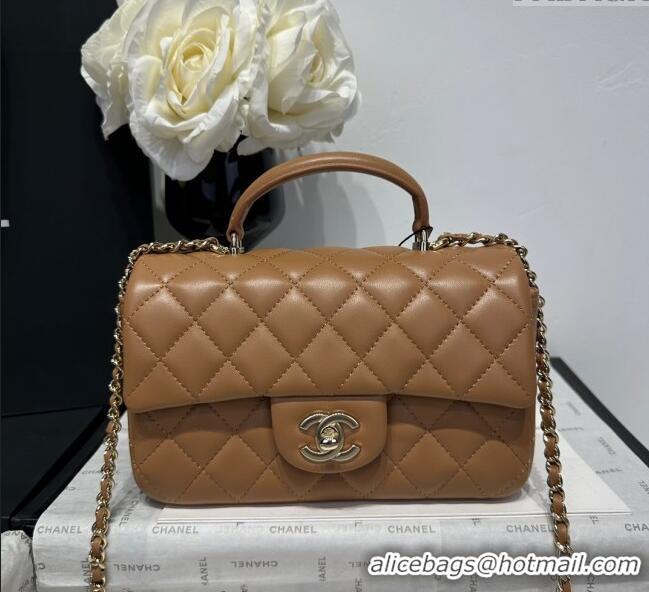 Luxury Discount Chanel Coco Lambskin Mini Flap Bag with Top Handle AS2431 Light Brown 2025