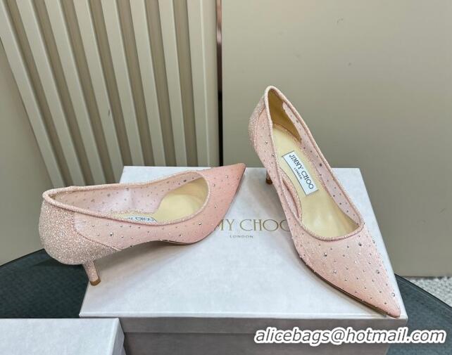 Popular Style Jimmy Choo Love Pumps 6.5cm in Glitters and Mesh with Strass Pink 1224030