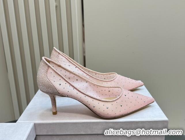 Popular Style Jimmy Choo Love Pumps 6.5cm in Glitters and Mesh with Strass Pink 1224030