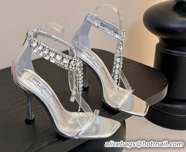 Buy Fashionable Jimmy Choo Verity Heel Sandals 9.5cm in Vintage Leather with Strass Strap Silver 0225012