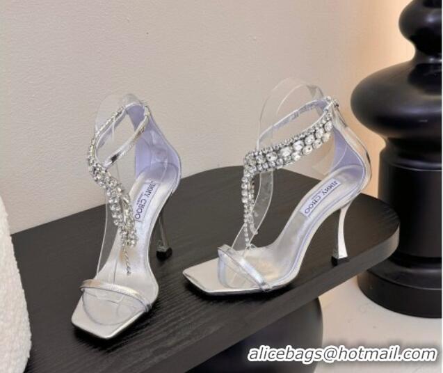 Buy Fashionable Jimmy Choo Verity Heel Sandals 9.5cm in Vintage Leather with Strass Strap Silver 0225012