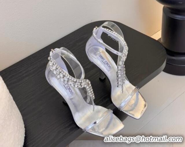 Buy Fashionable Jimmy Choo Verity Heel Sandals 9.5cm in Vintage Leather with Strass Strap Silver 0225012