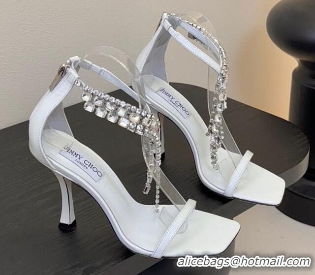 Luxury Cheap Jimmy Choo Verity Heel Sandals 9.5cm in Vintage Leather with Strass Strap White 0225013