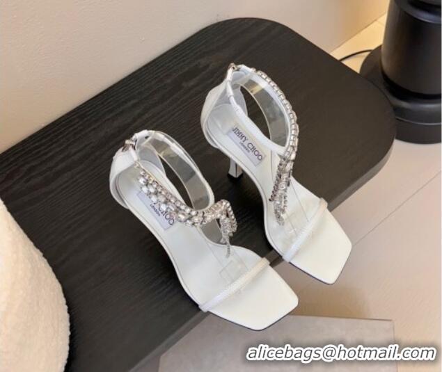 Luxury Cheap Jimmy Choo Verity Heel Sandals 9.5cm in Vintage Leather with Strass Strap White 0225013