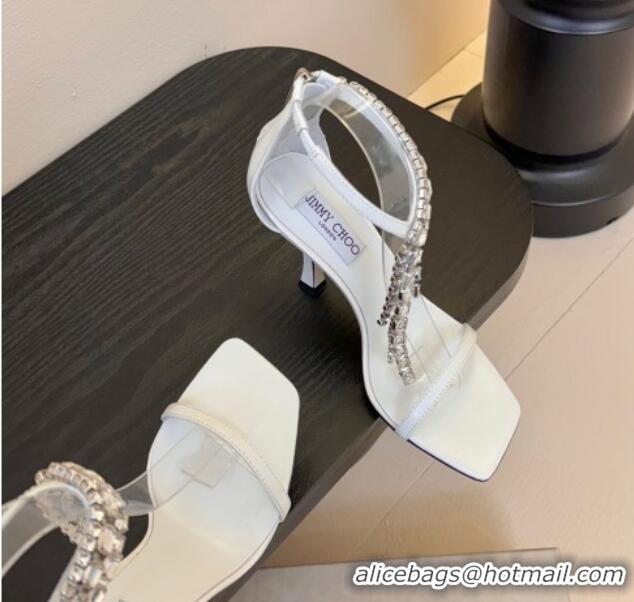 Luxury Cheap Jimmy Choo Verity Heel Sandals 9.5cm in Vintage Leather with Strass Strap White 0225013