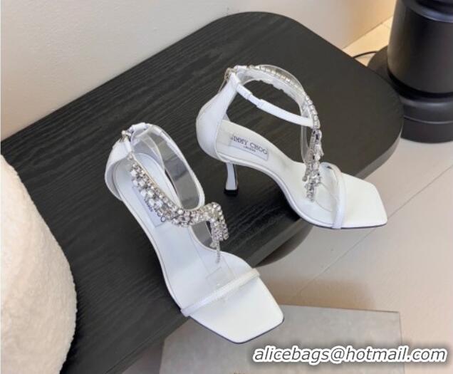 Luxury Cheap Jimmy Choo Verity Heel Sandals 9.5cm in Vintage Leather with Strass Strap White 0225013